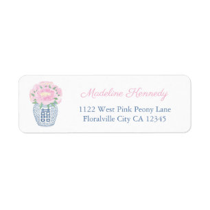 Adresse de Retour Élégante Pivoine Rose Bleu Texte