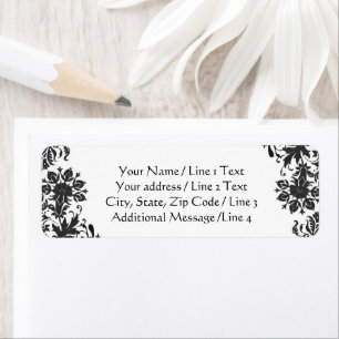 Adresse de retour en damas floral noir et blanc
