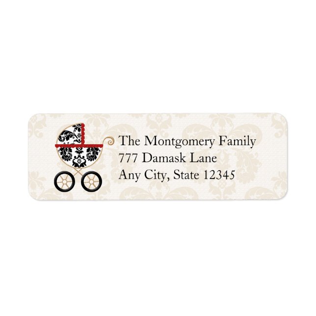 ADRESSE DE RETOUR ROUGE BLACK DAMASK BABY CARRIAGE (Devant)