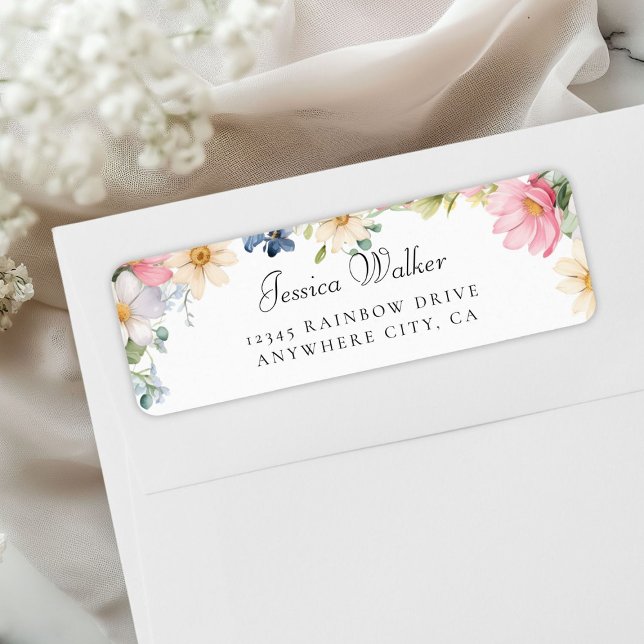 Adresse du Baby shower fleur sauvage (Personalized Wildflower Baby Shower Address Label, White +Pastel.)