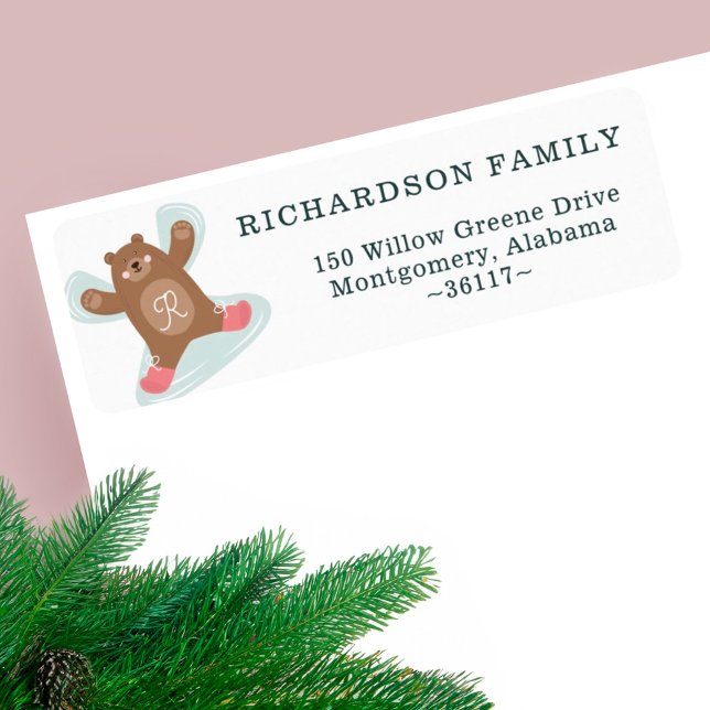 Adresse Monogramme de l'ange de la neige de l'ours (Woodland Bear Snow Angel Monogram Address Label)