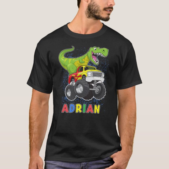 Adrian Personalized Dinosaur On A Monster Truck Ki T-Shirt (Front)