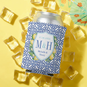 Adriatic Lemons Blue Tiles Turquoise Bridal Shower Can Cooler
