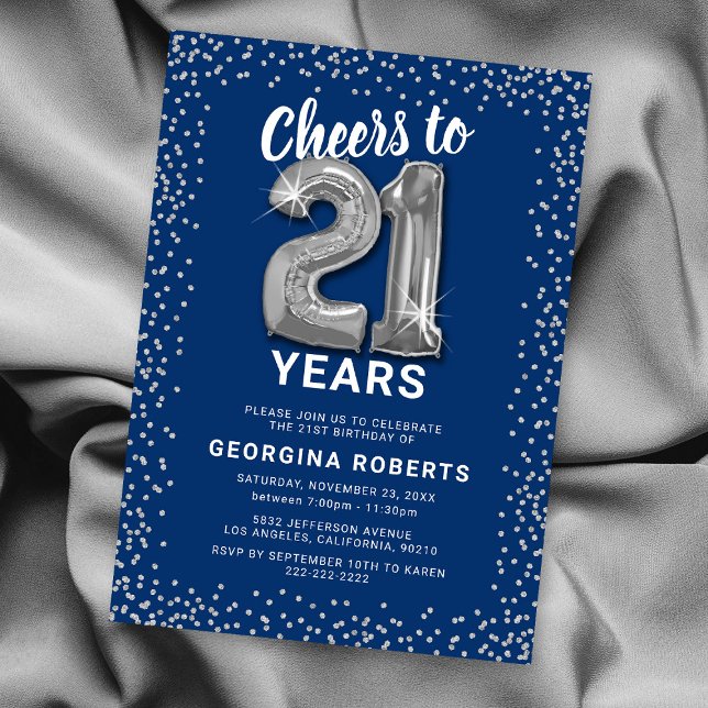 Adult 21st Birthday Blue Silver Invitation (Creator Uploaded)