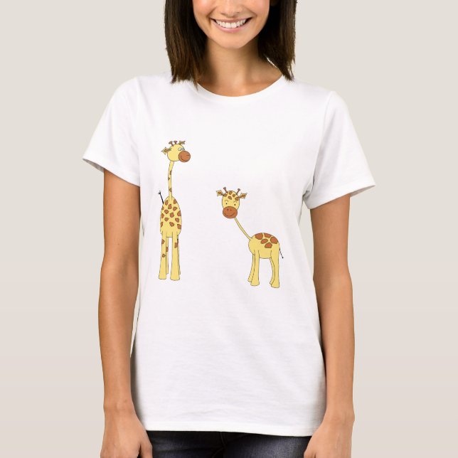 Adult and Baby Giraffe. Cartoon T-Shirt (Front)