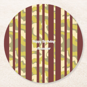Adult Any Age Happy Birthday Camo Stripes Pattern Round Paper Coaster
