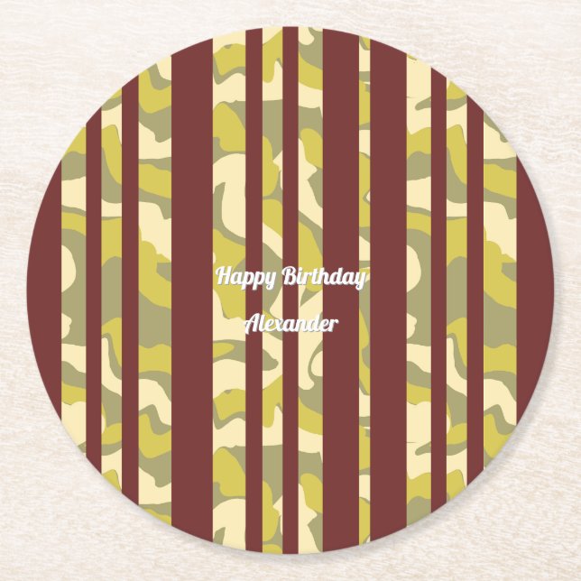 Adult Any Age Happy Birthday Camo Stripes Pattern Round Paper Coaster (Front)