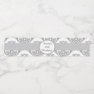 Adult Birthday Bottle Label Silver Grey Damask