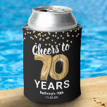 Adult Birthday Cheers to 70 Years Can Cooler<br><div class="desc">Personalized 70th birthday can coolers featuring a stylish black background that can be changed to any colour,  glamourous gold sparkly glitter,  seventy gold hellium balloons,  and a simple text template that is easy to personalize.</div>
