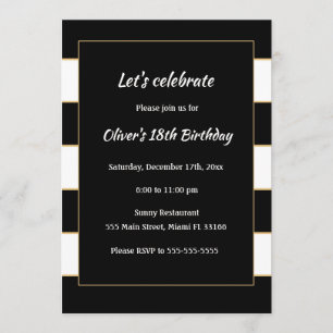 Adult Birthday Invitation Black White Striped Gold