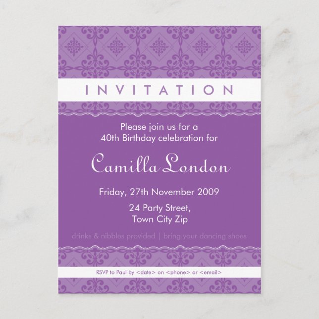 ADULT BIRTHDAY INVITATION :: ornately patterned L1 Postcard (Front)