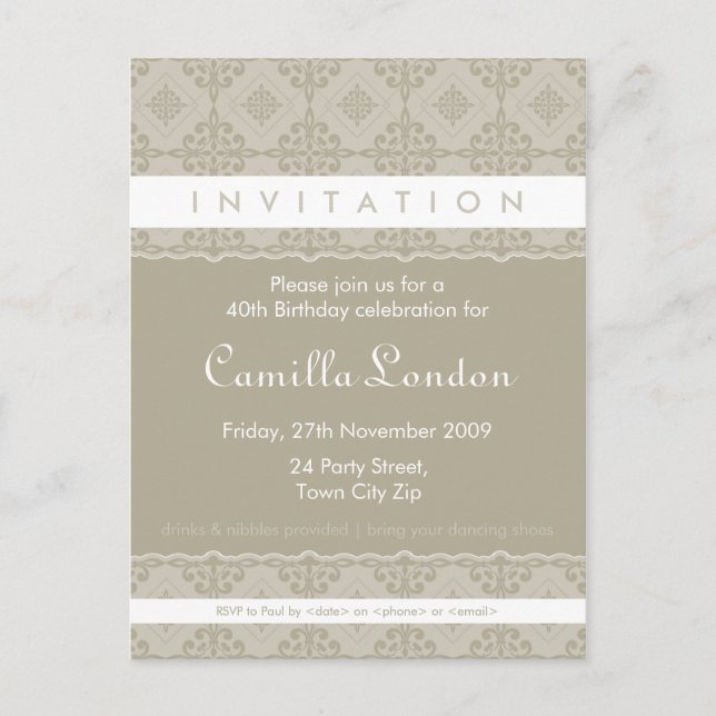 ADULT BIRTHDAY INVITATION :: ornately patterned L2 Postcard (Front)
