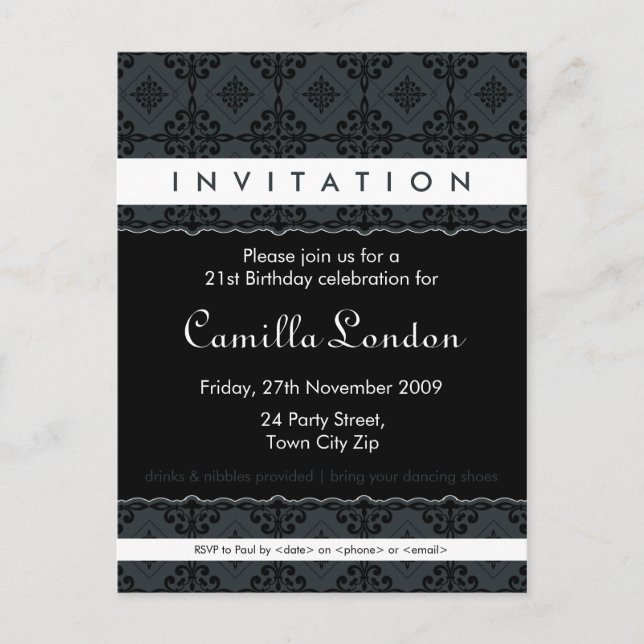 ADULT BIRTHDAY INVITATION :: ornately patterned L3 Postcard (Front)