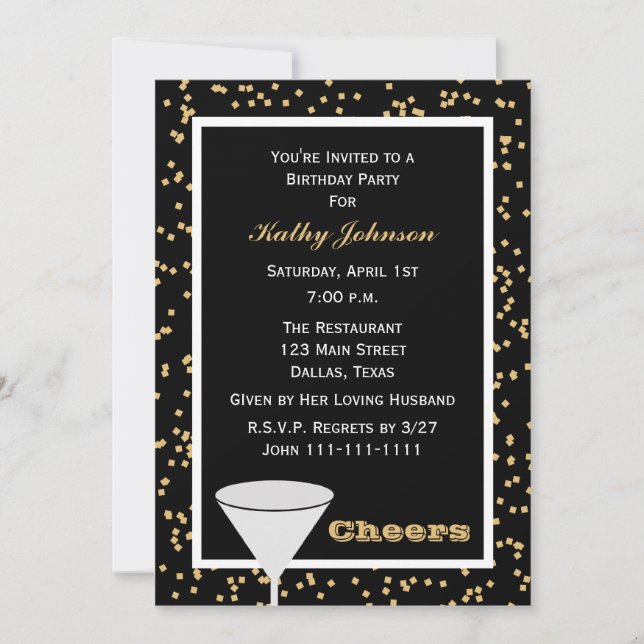Adult Birthday Party Black and Gold Cheers Invitation (Front)