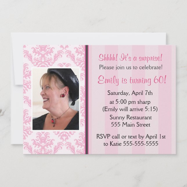 Adult Birthday Party Photo Invitation Pink Damask (Front)