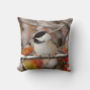 Adult Black-capped Chickadee in Snow Throw Pillow