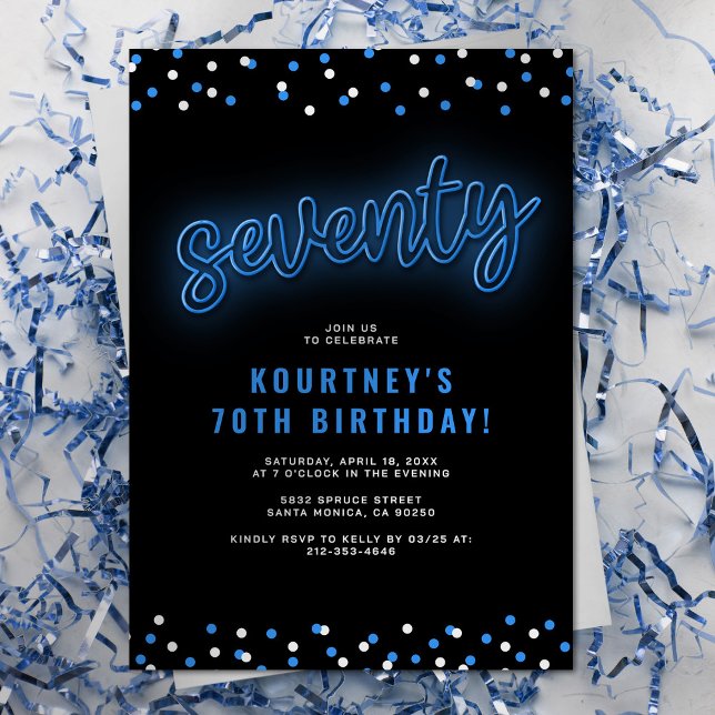 Adult Blue Neon 70th Birthday Party Invitation (Creator Uploaded)