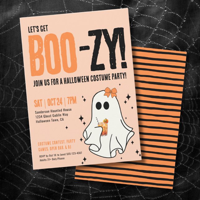 Adult Boos And Booze Halloween Party Invitation (Adult Cocktail Ghost Costume Party Halloween Invitation)