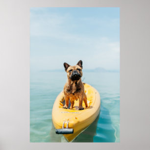 Adult brown French bulldog standing on kayak Poster