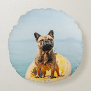 Adult brown French bulldog standing on kayak Round Pillow