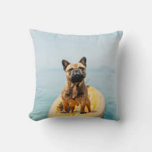Adult brown French bulldog standing on kayak Throw Pillow