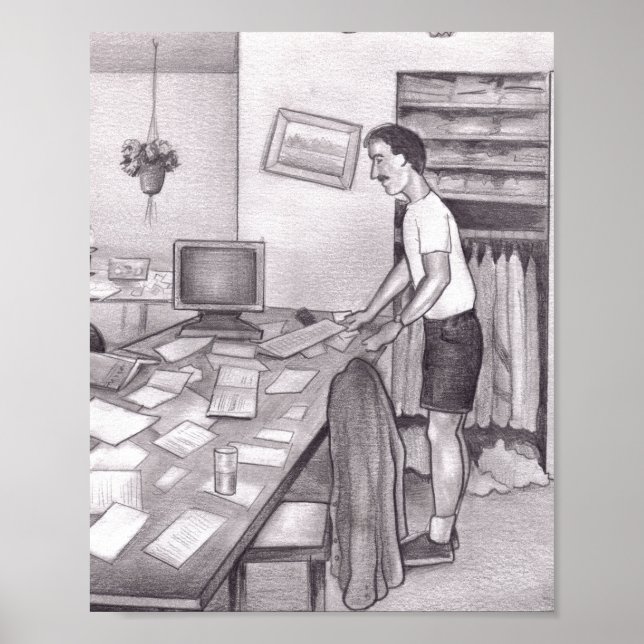 Adult Caucasian Man Standing by a Dining Room Tabl Poster
