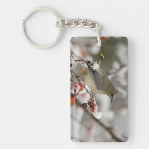 Adult Cedar Waxwing on hawthorn with snow Keychain