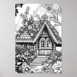 Adult Coloring Floral Fairy House Poster