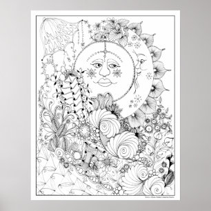 Adult Coloring Poster "Man in the Moon Art"