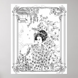 Adult Colouring Poster "Geisha, Sadness in