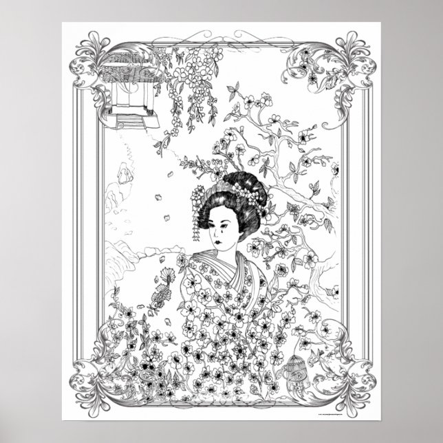 Adult Colouring Poster "Geisha, Sadness in (Front)