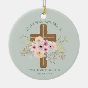 Adult CONFIRMATION Gift - Floral Cross Personalize Ceramic Ornament