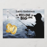 Adult Fisherman Milestone 90 Birthday - Big One Invitation<br><div class="desc">Great fisherman's birthday party invitation for the BIG one.. this is a milestone birthday - for 90 .. fisherman on the lake in the cattails, fishing for the BIG ONE and reeling it in >> the gold number 90 is the big catch of the day. Party details and a photo...</div>