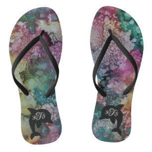 Adult Flip-Flops"Inkblots Pink GoldGreens Dolphin" Flip Flops