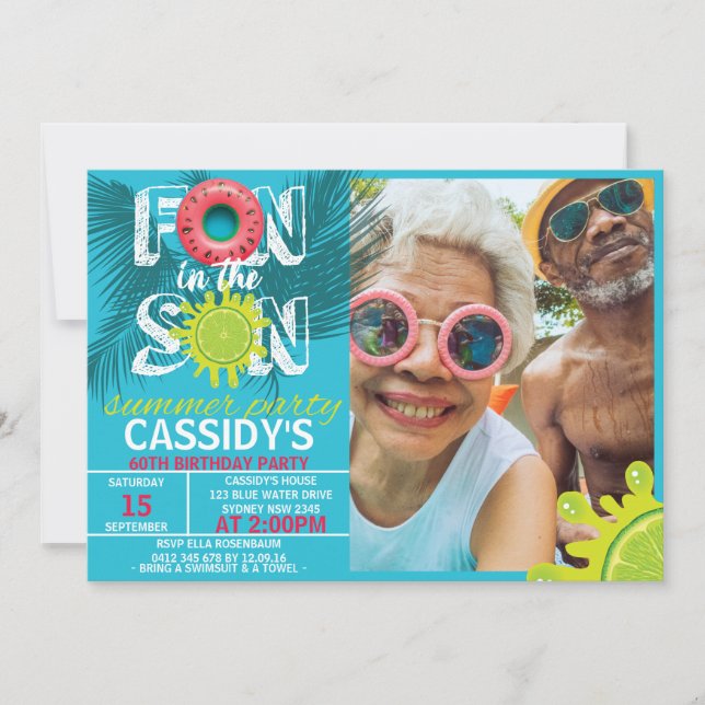 Adult Fun Sun Summer Photo Birthday Invitation (Front)