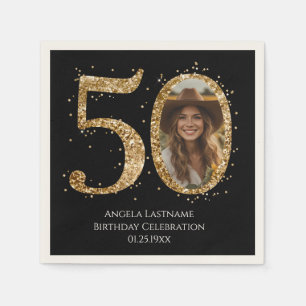 Adult Gold Glitter 50th Birthday Photo Date Napkin