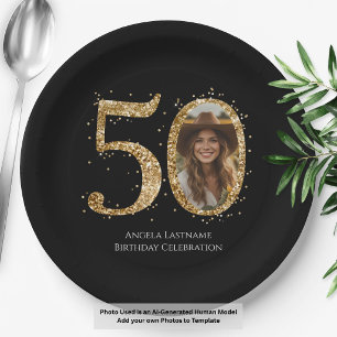 Adult Gold Glitter 50th Birthday Photo Paper Plate