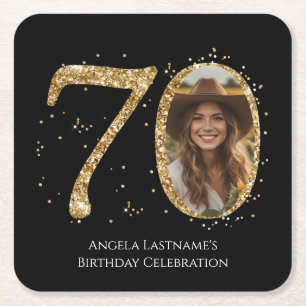 Adult Gold Glitter 70th Birthday Photo Square Paper Coaster