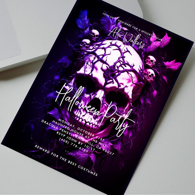 Adult Halloween Party Dark Blue Purple Skull  Invitation (Adult Halloween Party Dark Blue Purple Skull Invitation)