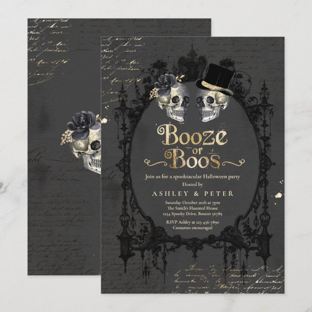 Adult Halloween Party Gothic Skull Booze Or Boos Invitation (Front/Back)