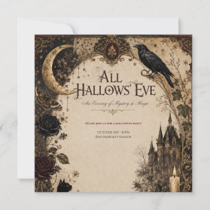 Adult Halloween Party Raven, Antique Key & Vintage Invitation