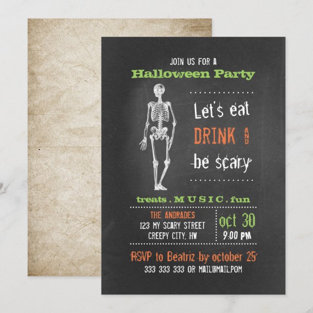 Adult Halloween Party Vintage Skeleton Chalkboard Invitation (Front/Back)