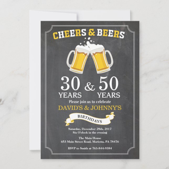 Adult Joint Birthday Invitation Cheers and Beers (Front)