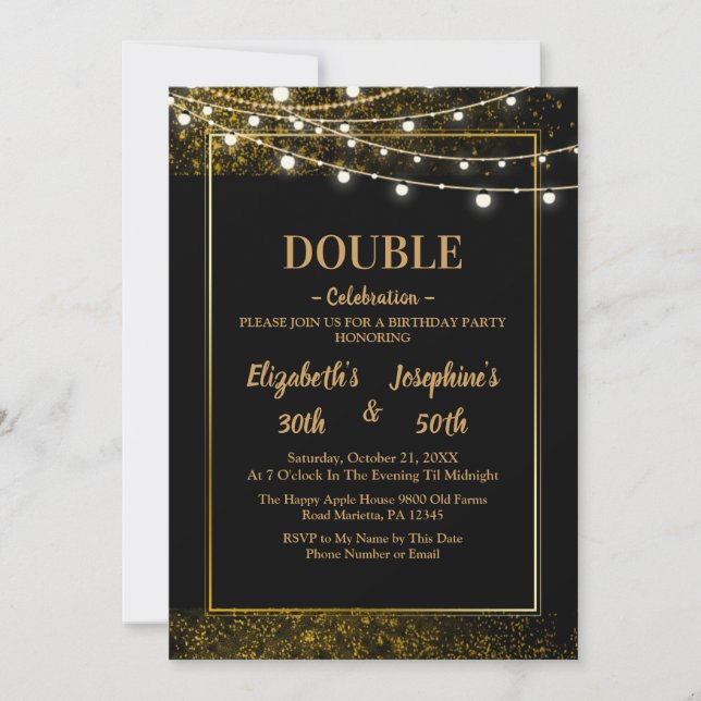 Adult Joint Birthday Party | Black Gold Glitter Invitation (Front)