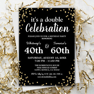 Adult Joint Birthday Party   Black Gold Glitter Invitation