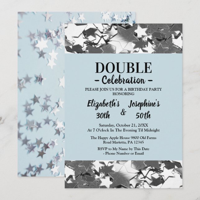 Adult Joint Double Birthday blue sky silver stars Invitation (Front/Back)