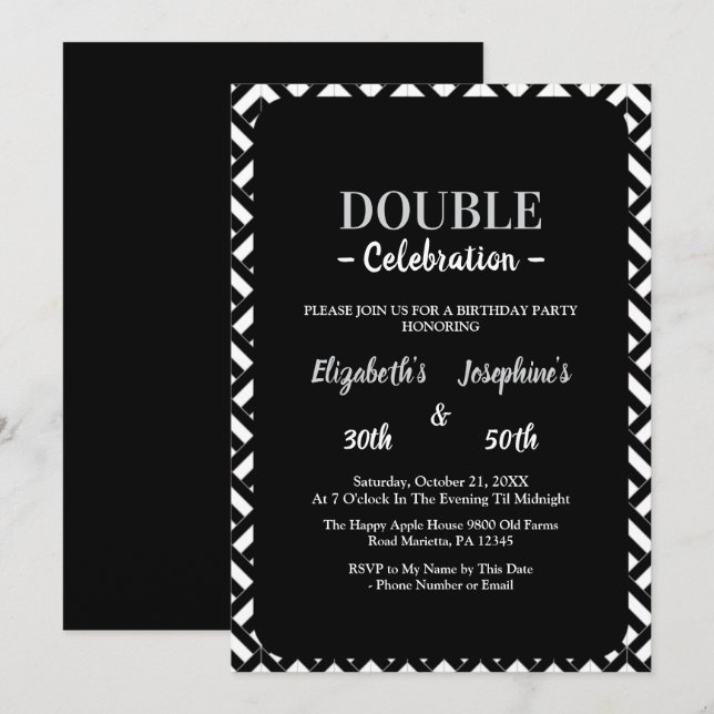 Adult Joint Double Birthday Party black white Invitation (Front/Back)