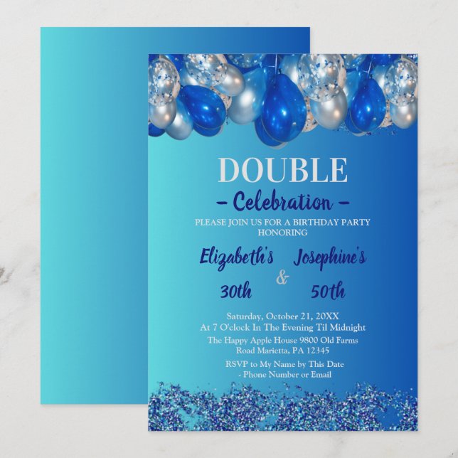 Adult Joint Double Birthday Party | Blue balloons Invitation (Front/Back)