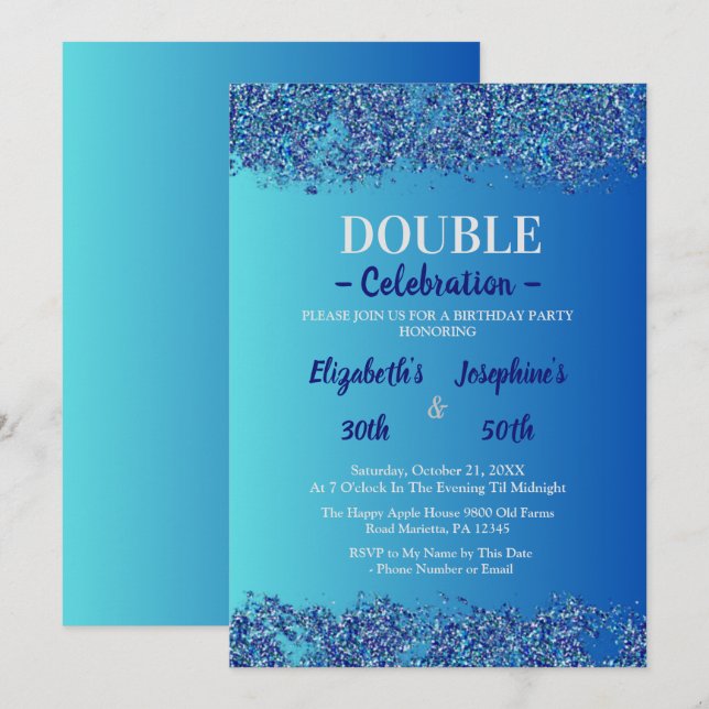 Adult Joint Double Birthday Party | Blue glitter Invitation (Front/Back)