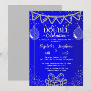 Adult Joint   Double Birthday Party   Blue Silver Invitation